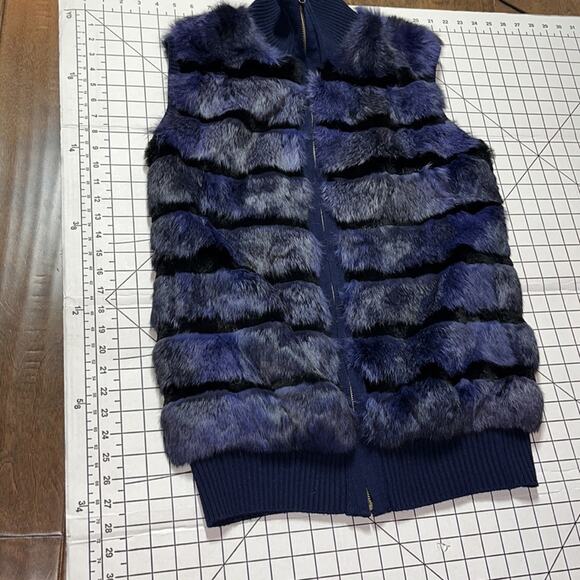 Tasha Tarno Blue Black Striped Real Rabbit Fur Full Zip Vest Ribbed Collar Large - Picture 8 of 8